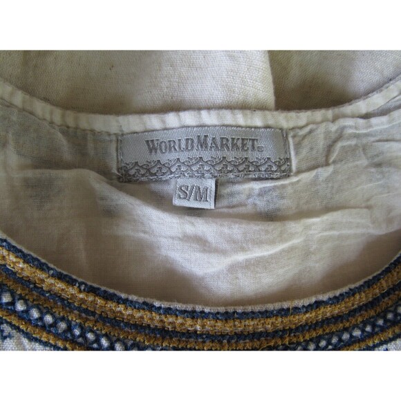 World Market Women S/M Cotton Linen Tunic Mini Dress Embroidered Boho Chic Ivory - Picture 9 of 11